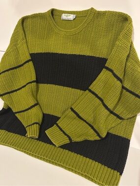 Vintage American Weekend Green Navy Striped Knit Sweater 90s Grunge Men’s XXL